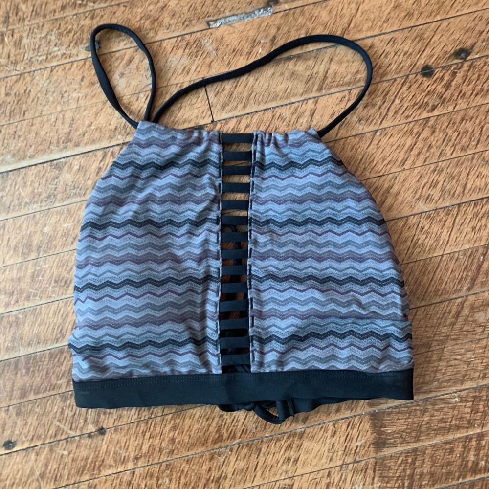 Athleta high neck cutaway striped halter neck swim top